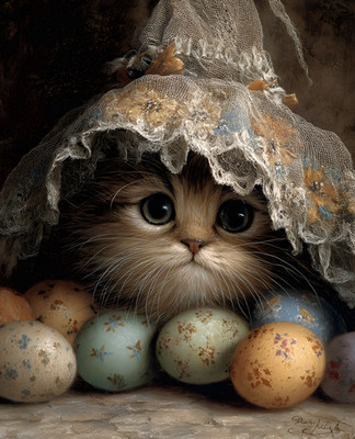 8x10 Cat Hiding Behind a Pile of Eggs Art Print - 871108254
