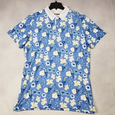 Tipsy Elves Polo Shirt Men Size Large Floral Flower All Over Print Stretch Blue