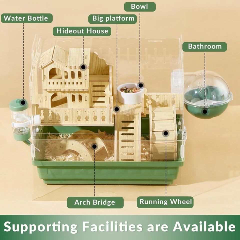 Jaula para hámster animal pequeño verde 8 en 1 hábitat acrílico de dos niveles con accesorios Foto 4 de 4