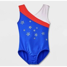 Cat Jack Girls Gymnastics Leotard Stars Red Blue Silver Sparkle Size XL 14