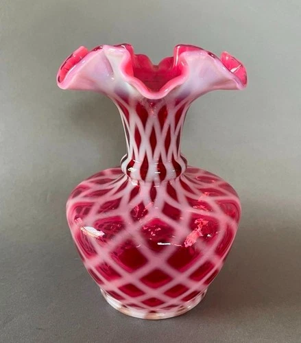 Vintage Fenton 6" Diamond Optic Cranberry Opalescent Art Glass Ruffled Rim Vase