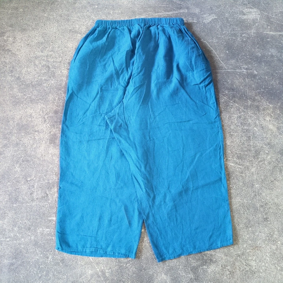 Pantalones de pierna ancha de lino FLAX vintage para mujer talla 2X 2G azul verde azulado corte barril suelto Foto 4 de 4