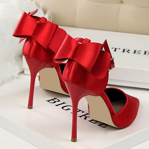 Women Red High Heels Shoes Rear Bow-Knot Ankle Buckle Pointed Toe Comfort  Sandal | eBay