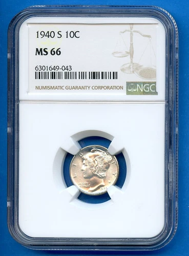 1940 S NGC MS66 Mercury Dime 10c US Mint Silver Coin 1940-S MS-66