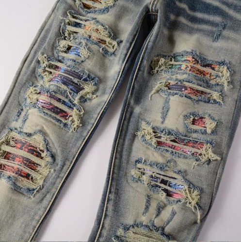 Men's Retro Blue Denim Jeans Stretch Ripped Casual Punk Hip Hop Ripped Pants New - Picture 10 of 15