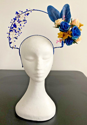 F0004 - Blue Jeweled Flower Halo Fascinator - Made in Aus