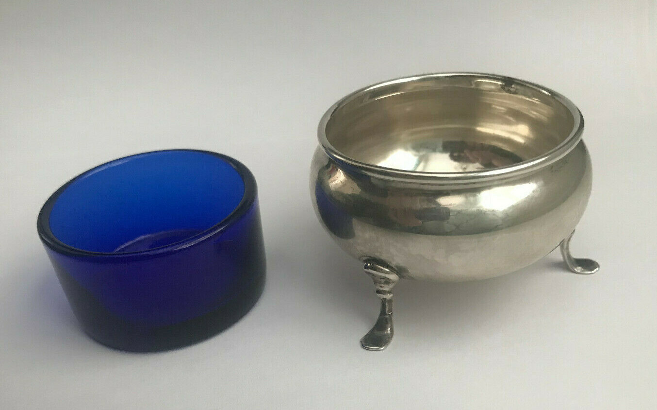 Master Salt Sterling Silver footed bowl with Blue Glass Insert 1 1/2