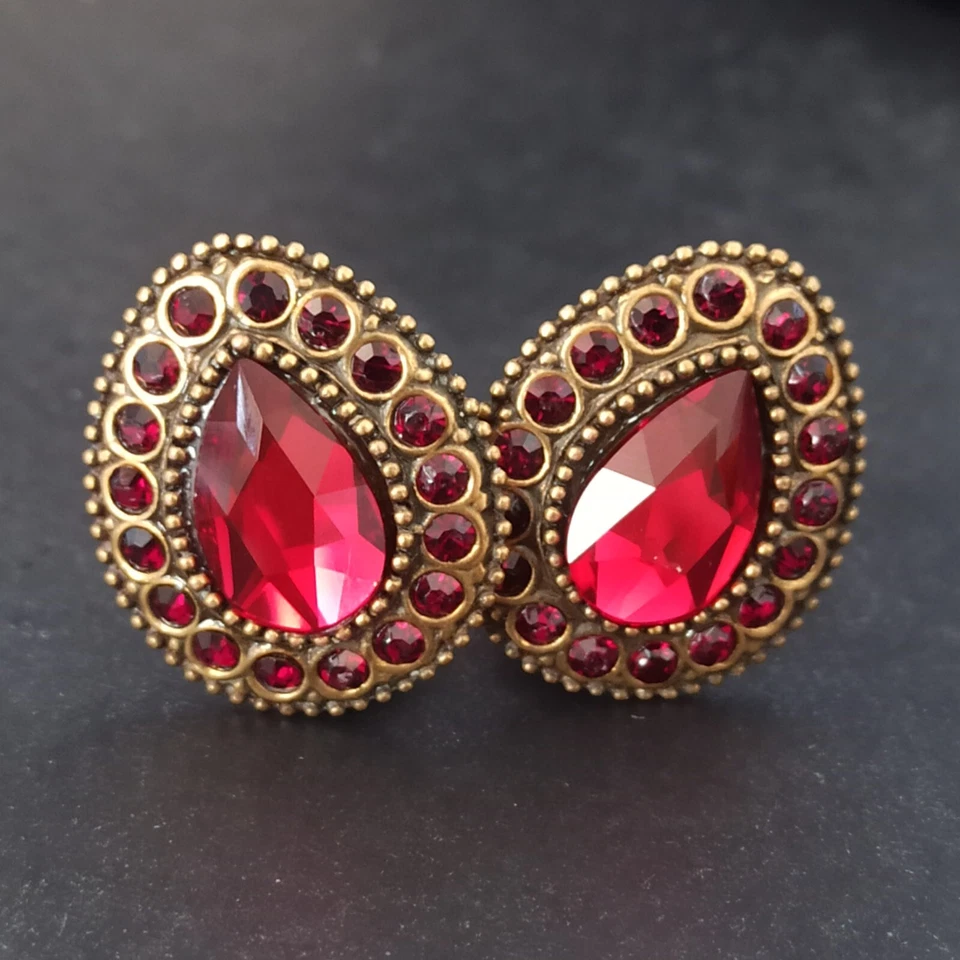 Michal Negrin Clip Earrings Red Crystals Teardrop Victorian Revival Statement - Image 1 of 4