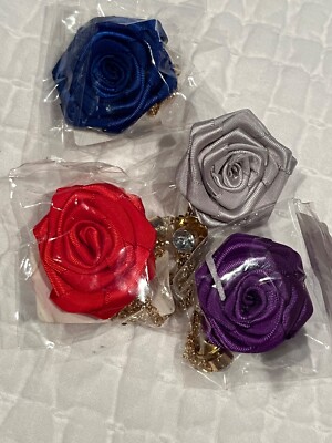 Set of 4 Satin Rose Boutonniere Pins w Chain & Crystal Red, Blue, Purple & Blue
