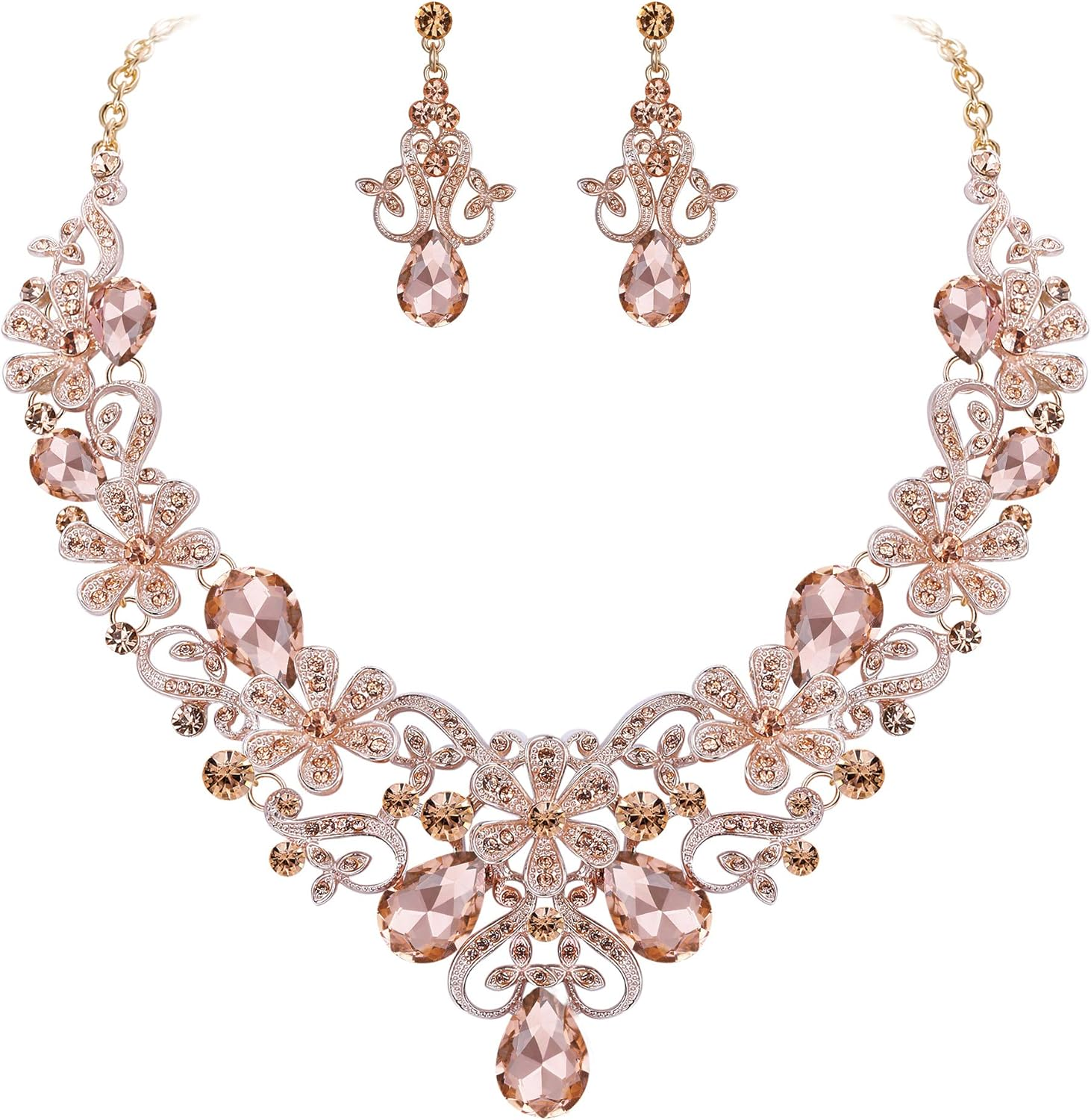 Women'S Costume Elegant Crystal Flower Scroll Teardrop Statement Necklace Dangle