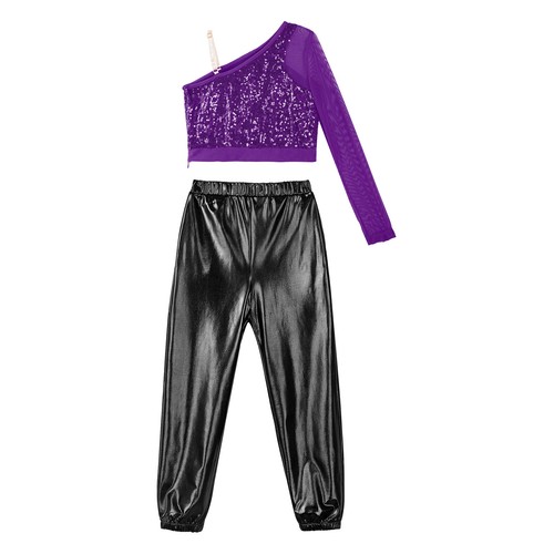 Kids Girl's Crop Top With Pants Performance Tracksuit Metallic Dance Outfit Gym - Picture 81 of 87