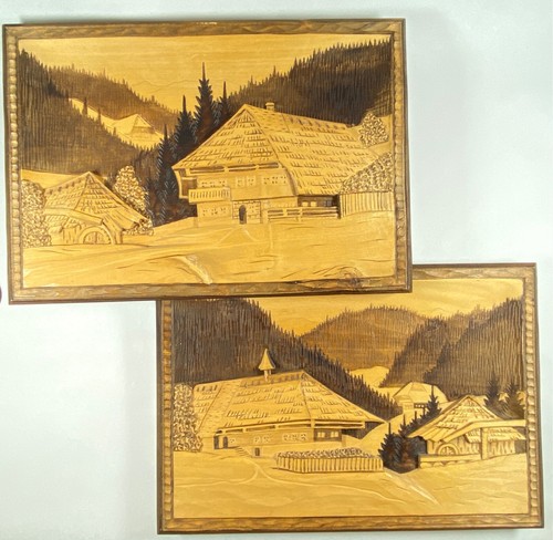 2 Vintage Black Forest West Germany 3D Hand Carved Wood Wall Plaques