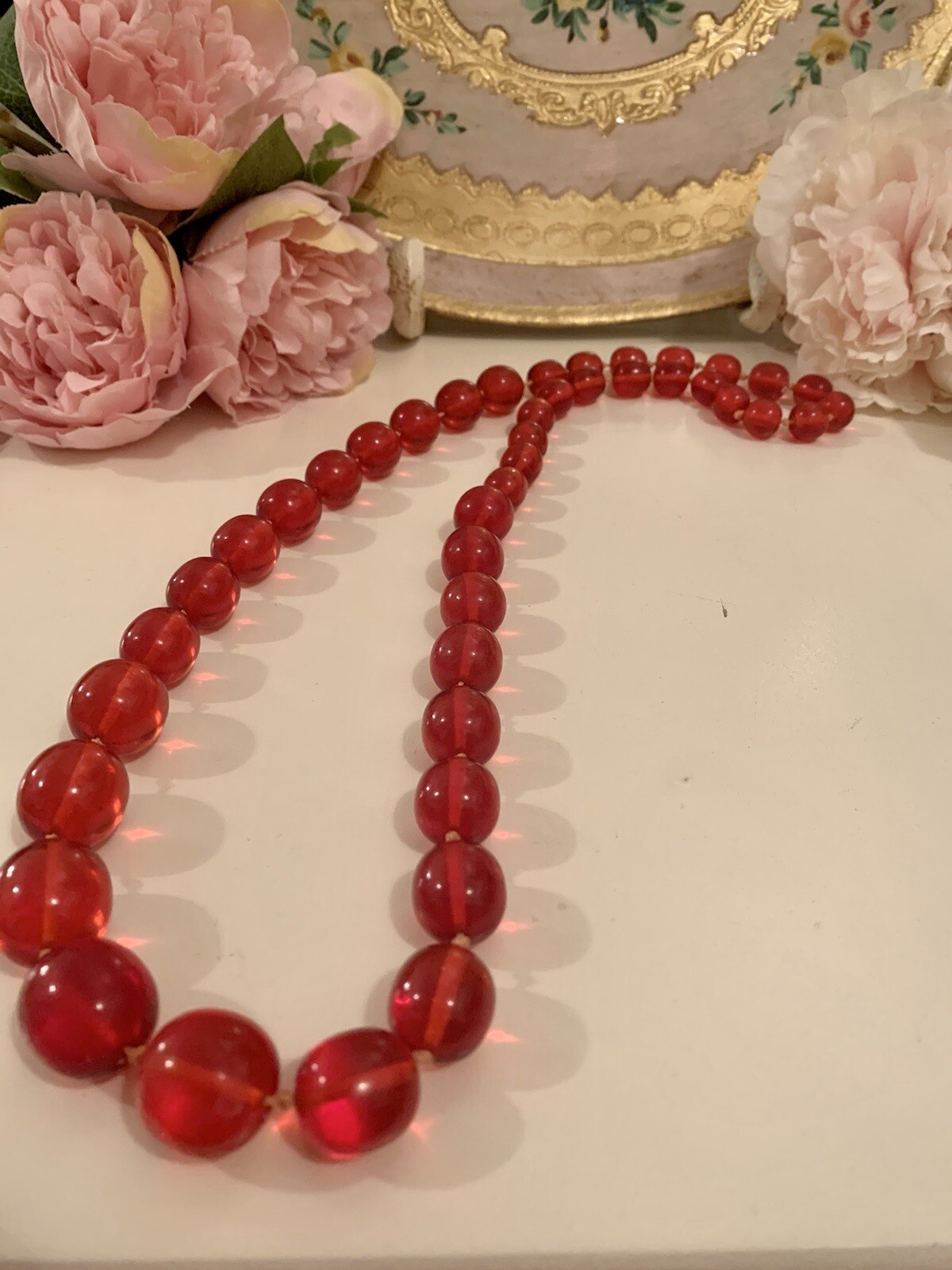 Vintage Plastic Translucent Cherry Red Lucite Bea… - image 1