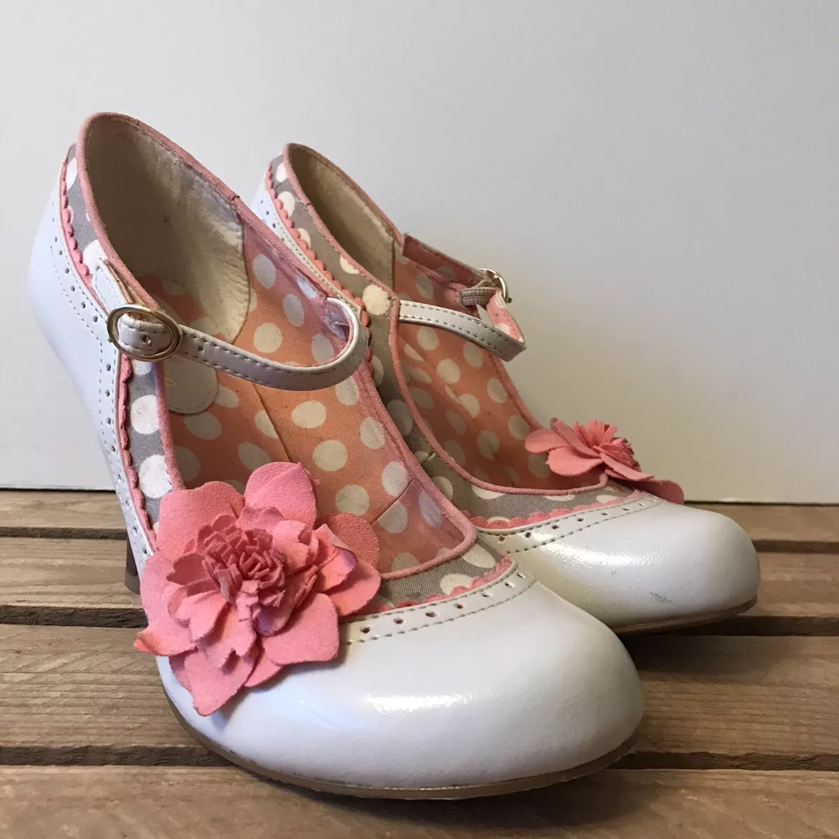 Ruby Shoo Poppy Heels Cream Pink Polka Dot Flower Size 5 Shoes