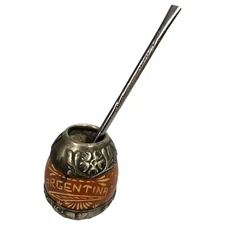 Argentine Mate Alpaca Hand Carved Bombilla Industria Rustic MCM Not Used Vtg