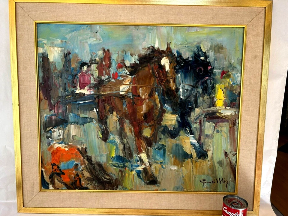 Pintura de caballos Gerald Ellis Mid Century Francia carreras jinete ecuestre "Avant" Foto 2 de 4