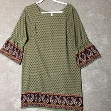 Gilli Shift Dress Womens Large Green Paisley Bell Sleeve Boat Neck USA Made