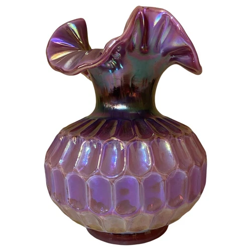 Vintage HTF Fenton Plum Purple Iridescent Thumbprint Ruffled Top Vase, Signed