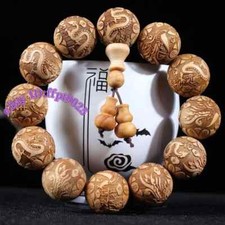 20mm 12 Natural Wooden Hand Carved Buddha Beads Bracelet Dragon Phoenix Blessing