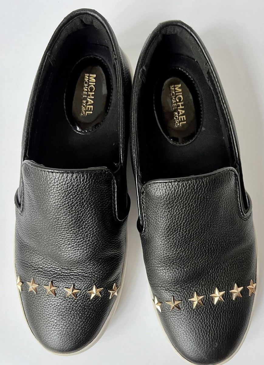 Michael Kors Women Black Pebbled Leather Gold Stars Slip On Sneaker Loafer