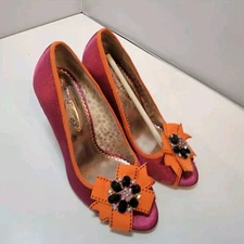 Poetic Licence Designer Fuchsia Pink Orange Fancy Bow Stiletto Pump Heels Size 7