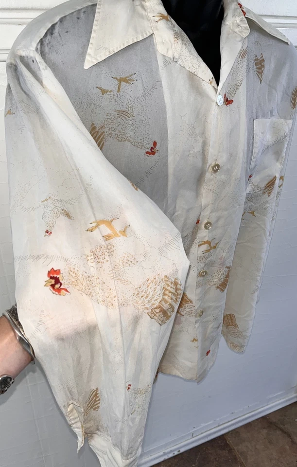 ВИНТАЖНЫЙ 70-х шпиль диско L/S рубашка слоновой кости полупрозрачный поли AOP курица 🐓 Sz большой - Изображение 4 из 4