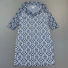 Gretchen Scott Dress Womens Large Blue White Geometric Print Ruffle Neck Stretch
