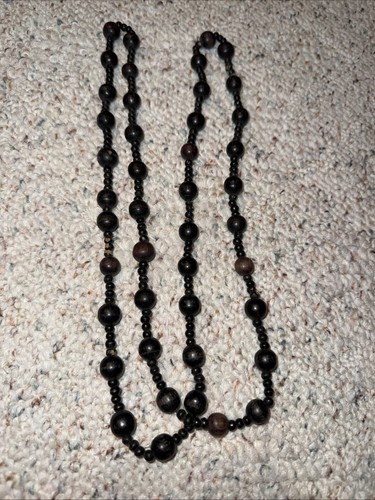 Wood Bead Necklace Brown Black Vintage 46" Boho
