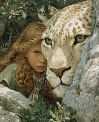 8x10 Girl Looking at White Tiger Art Print - 513999003