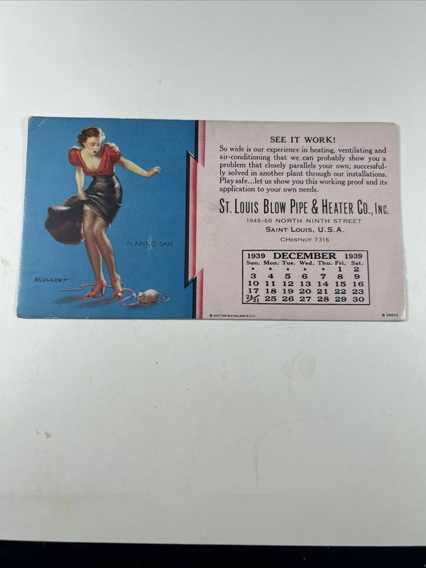 December 1939-Elvgren "Playing Safe" Ink Blotter-St Louis Blow Pipe & Heater