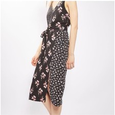 Topshop Mixed Floral Print Midi Dress Black Pink V-Neck Tie Waist Womens Size 4