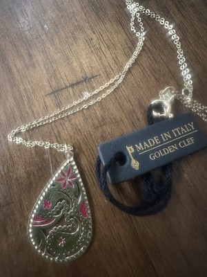 Neu mit Etikett Goldener Notenschlüssel Italien 14K massives Gelbgold & rosa Emaille Paisley Halskette 