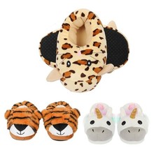 Kids 3D Animal Slippers Soft Plush Non Slip Sole Tiger Leopard Unicorn Shoes