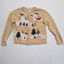Tiara Christmas Sweater Snowman Trees Beige Knit Holiday Cardigan Medium