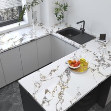 Glossy White Gold Marble Counter wallpaper peel and stick for Furniture Shelf...