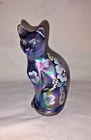 Fenton Hand Painted Iridescent Carnival Art Glass Cat Figurine Floral Signed 5"