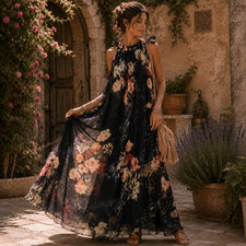 Yi Heng Mei Floral Chiffon Maxi Dress M Black Sheer Rose Print Romantic Boho