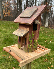 Two Story Bird Feeder w/ Real Branch and Floral Accents, Handcrafted