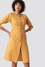 NA-KD Women's Dress Shirred Waist Buttoned Midi Dress Mustard Yellow, 36