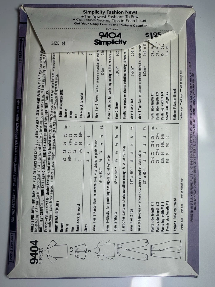 Vintage Simplicity #9404 Childs Pullover Top/Shorts/Pants Pattern- Sizes 4-5-6 - Image 4 of 4