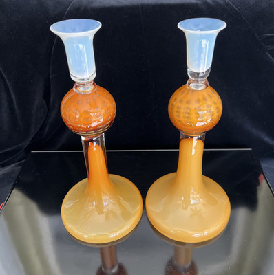 Waterford Evolution Art Glass Candle Sticks 11.25  Amber Ocelot Opal 2004 Ret.