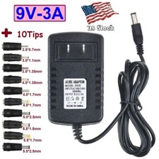 AC/DC 9V 3A Power Supply Adapter Charger with 10 Sizes DC Plug Tips