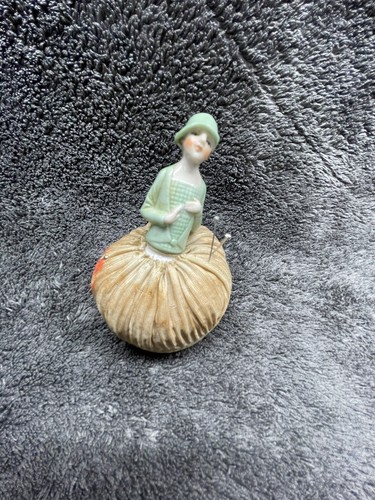Antique Porcelain Lady Pin Cushion in Green Jacket 3.75” Tall - Picture 6 of 7