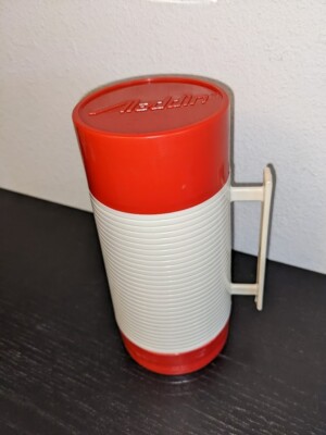 Vintage Aladdin Hy-Lo Insulated Thermos Bottle Pint Wide Mouth Beige and Red VGC
