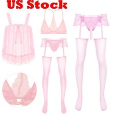 Sissy Mens Mesh Sheer Garter Tights Stockings Lace Bra Tops Nightwear Lingerie