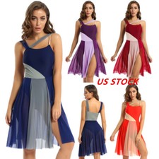 Women's Color Block Mesh Splice Leotard Dress Lyrical Ballet Dance Costume