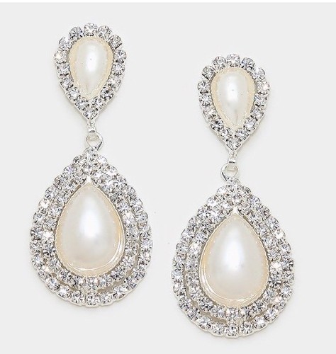 1.75” Long Pearl Clear Silver White Crystal Pageant Bridal Dangle Earrings - Picture 2 of 2