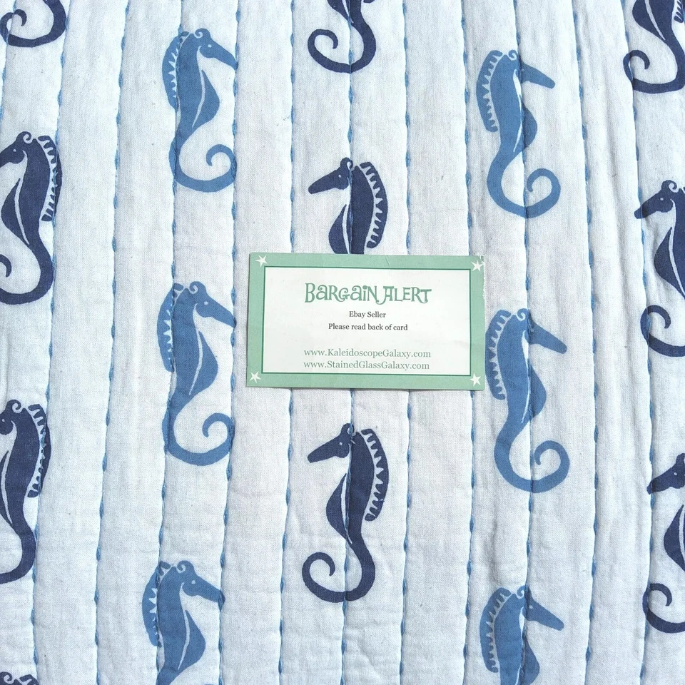 Sigrid Olsen Seahorse Beach 3pc Full Queen Quilt  Blue White Reversible Stripe - Image 2 of 4