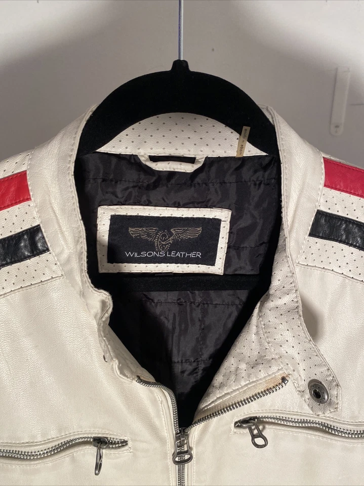 Chaqueta de moto de cuero Wilson de colección blanca negra roja mediana moto para hombre pequeña Foto 2 de 4
