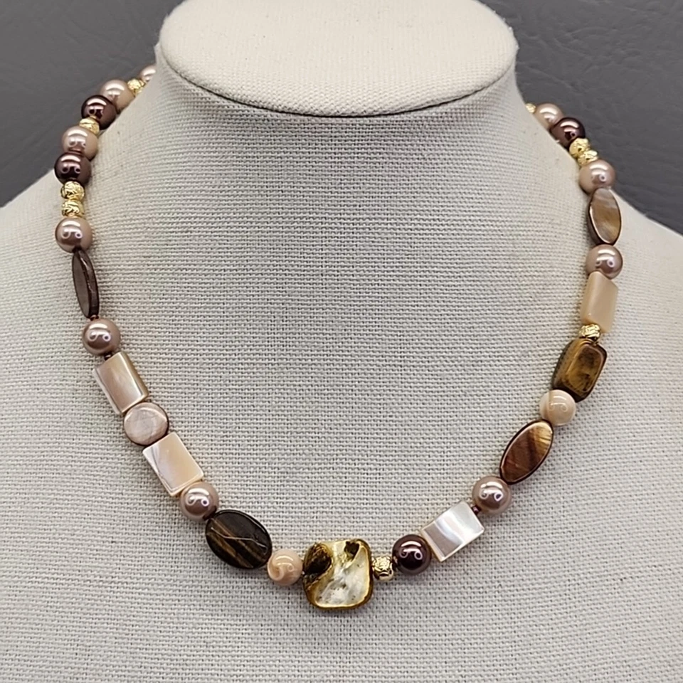 石头串珠项链棕色老虎眼拖把玛瑙玻璃金色珠宝首饰 19 — 第 4/4 张图片